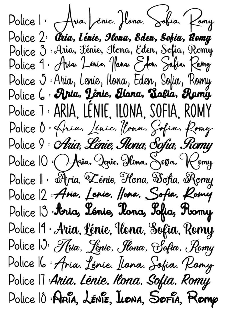 K&ouml;nnte beinhalten: Eine schwarz-wei&szlig;e &Uuml;bersicht mit achtzehn verschiedenen Schriftarten, beschriftet von Police 1 bis Police 18. Jede Zeile zeigt dieselbe Liste von Namen: Aria, L&eacute;nie, Ilona, Eden, Sofia und Romy in unterschiedlichen Schriftstilen.
