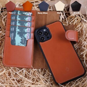 May include: A brown leather phone case with a built-in wallet. The case has a flap that closes with a snap and a slot for credit cards. The case is designed for an iPhone with a camera bump. The case has the text "H&M LONDON" embossed on the back.