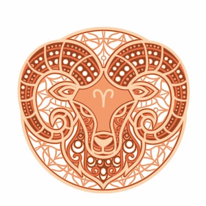 May include: A detailed illustration of the astrological sign Aries, depicted as a ram's head with intricate patterns and a mandala-like background in shades of orange and brown.