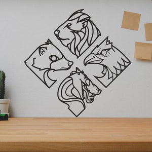 May include: Black and white line art design of four animal heads: a lion, a fox, a bird, and a horse. The animal heads are arranged in a diamond shape on a white wall.