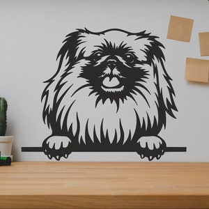 May include: Black and white illustration of a Pekingese dog peeking over a surface. The dog has a fluffy coat and a happy expression.