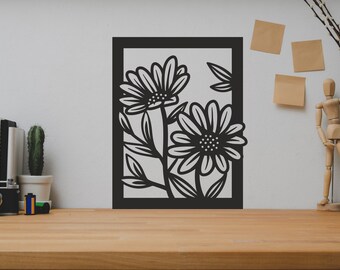 May include: Black and white floral wall art with two large flowers and leaves in a rectangular frame.