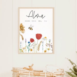 Geburtsposter Biene und Wildblumen Aquarell personalisiert