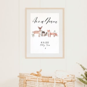Geburtsposter Waldtiere⎪Poster Kinderzimmer⎪personalisiertes Poster Kind Baby⎪individuelles Geschenk zur Geburt⎪Aquarell Poster Waldtiere