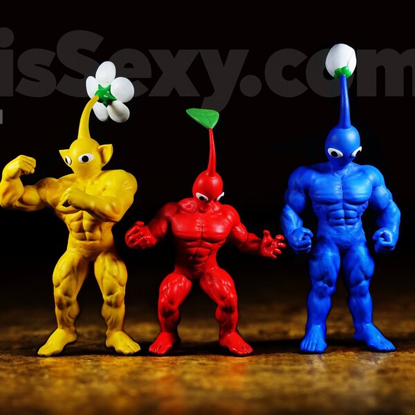 Buff Pikmin Figuren, Harz 3D Drucke | Lebendiges Rot, Blau, Gelb PikMEN Garage Kit | Inspiriert von Pikmin 4 Charaktere