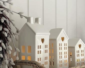 Dainty LED House, Ceramic House Tea Light Holders, Christmas Gift Decorations, Home Decor, Tea Light House, Christmas Ornament, White House