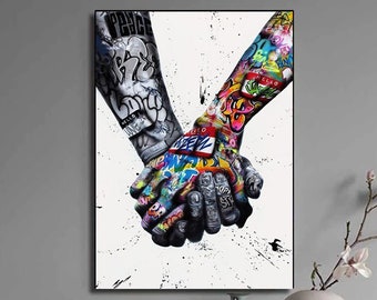 100% Handpainted Hand Holding for Peace, Custom Street Art, Graffiti Art, Pop Art