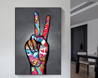 100% Handpainted Pop Art Hand Sign Peace, Graffiti Art, Canvas Poster Wall Decor Art