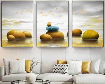 Luxury 3 Piece Wall Art Golden Stones On The Shore