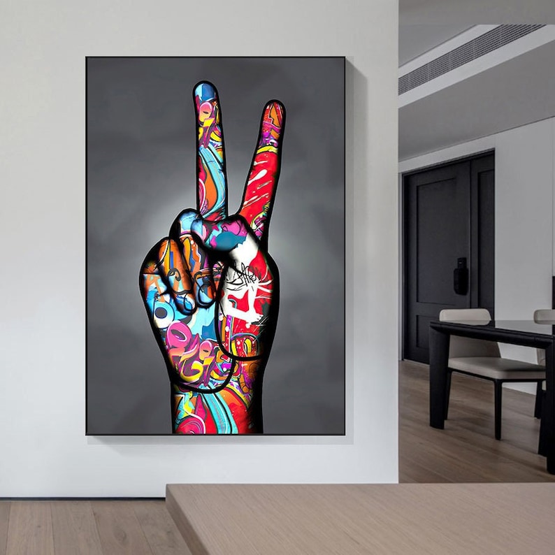 100% Handpainted Pop Art Hand Sign Peace, Graffiti Art, Canvas Poster Wall Decor Art image 1