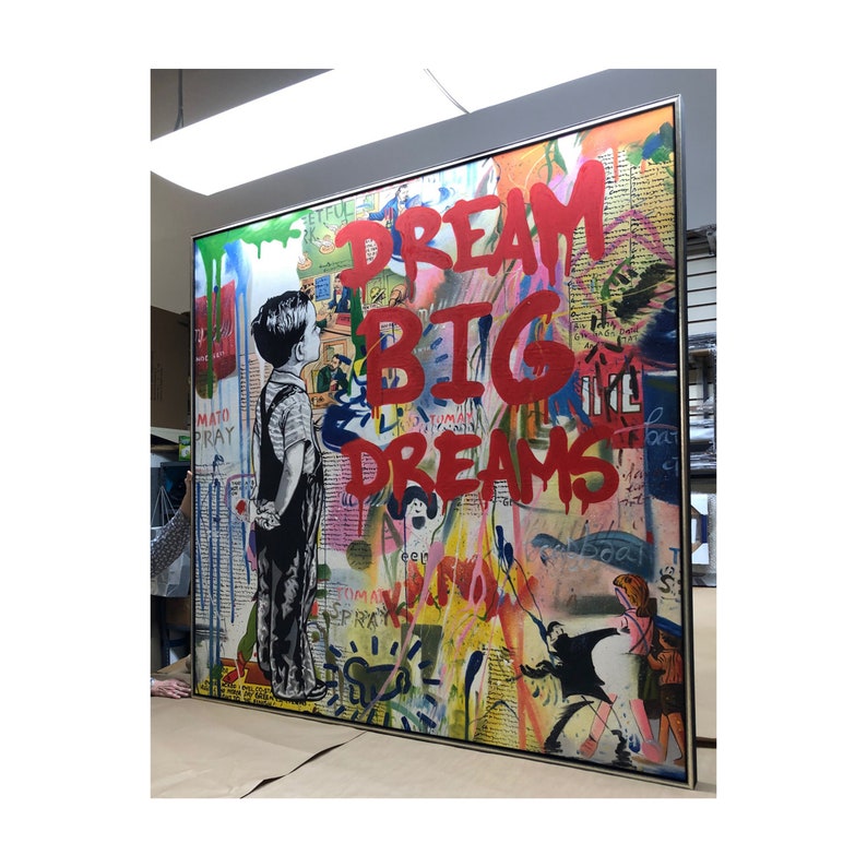 Große Größe Handgemaltes Banksy Street Art Dream Big Dreams, Graffiti-Kunst, Pop-Art Bild 1