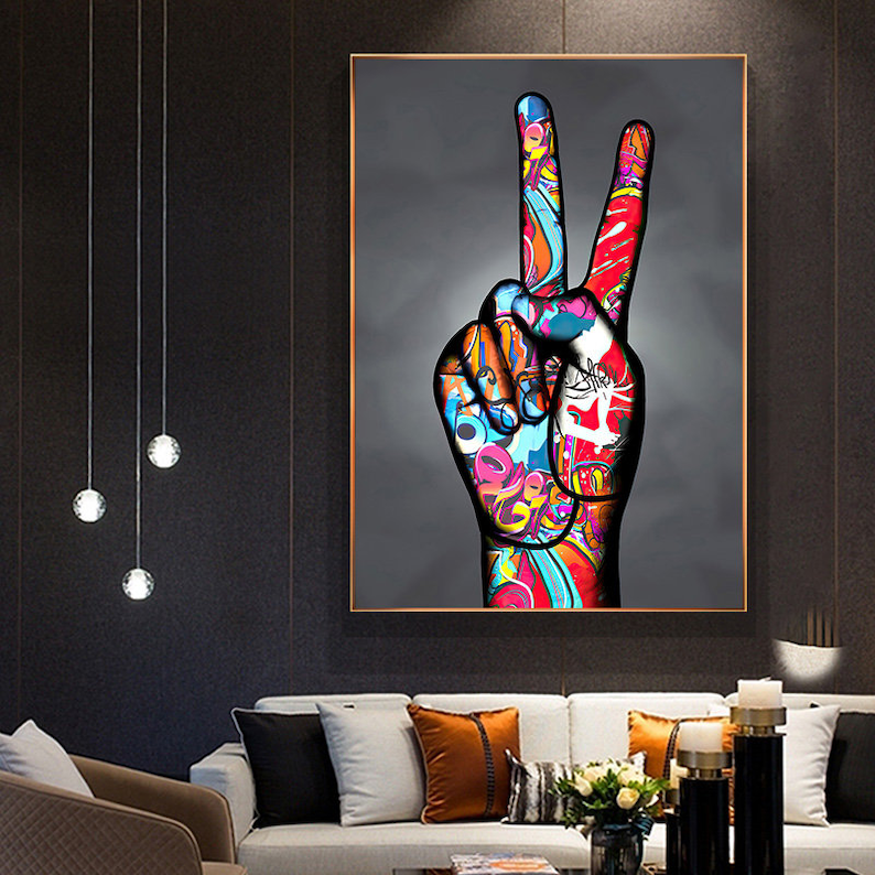100% Handpainted Pop Art Hand Sign Peace, Graffiti Art, Canvas Poster Wall Decor Art image 2