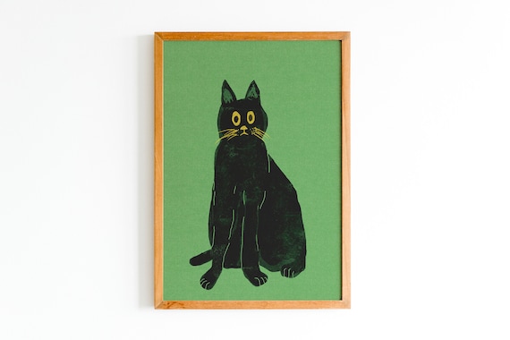 Digital printable poster, risograph black cat, minimalist download poster, animals print, wall decor art, digital download jpg png