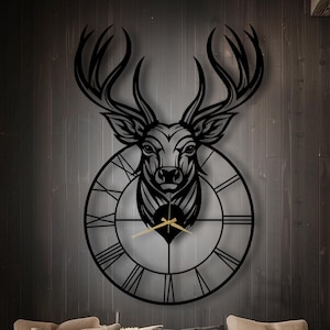 Hjorthuvud i metall, väggklocka, bondgårdsdekor, jägarpresent