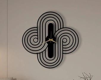 Reloj de arco geométrico abstracto de metal, decoración de pared con líneas de diseño, acero negro (efecto de sombra 3D)