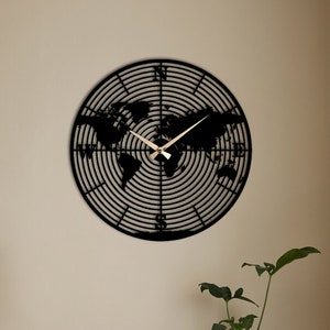 Metalen wandklok wereldkaart, kaart wandklok, kantoordecoratie geschenken, stille wandklok, klokken voor aan de muur, unieke wandklok, grote wandklok
