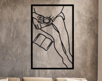 Woman Reading Metal Wall Art: Book and Coffee Line Art