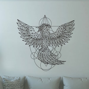 Geometrische Phoenix Metallwandkunst: Mythische Vogelskulptur