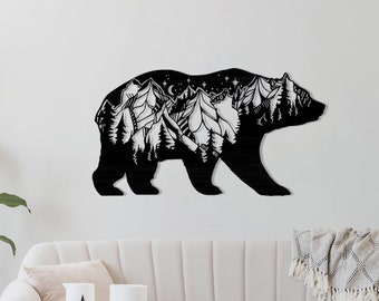 Bear And Forest Metal Wall Art, Mountain Bear Wall Sign, Bear Wall Art, Forest Wall Decor, Night View Mountain Pattern, Modern Home Decor