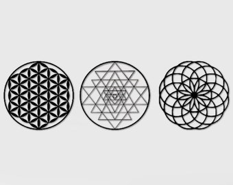Sacred Geometry Metal Wall Art Set: Flower of Life, Torus, Sri Yantra