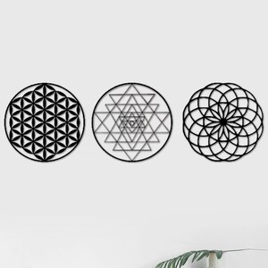 Sacred Geometry Metal Wall Art Set, Metal Wall Decor, Flower of Life, Torus, Sri Yantra, Home Decor, Set of 3 Wall Art, Mothers Day Gift image 2