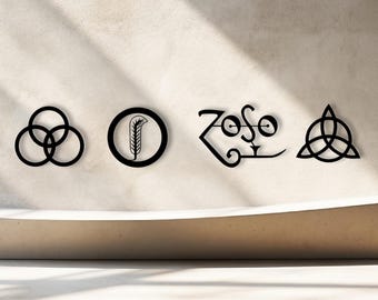 May include: Four black metal wall art pieces featuring iconic symbols. Includes a set of three interlocking circles, a feather within a circle, the word "Zoso" in a stylized font, and a Celtic knot design. These pieces are ideal for music lovers.