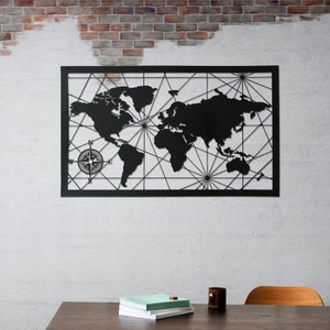 Arte mural con mapa del mundo de metal, regalo para el día del padre, arte mural grande, arte mural con mapa del mundo, obras de arte en metal, decoración de oficina, mapa del mundo moderno, tapices