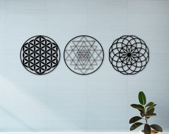 Heilige Geometrie Metal Wall Art Set, Metal Wall Decor, Flower of Life, Torus, Sri Yantra, Home Decor, Set van 3 Wall Art, Moederdag Cadeau