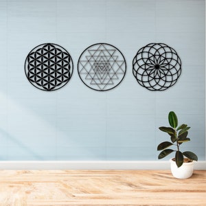 Sacred Geometry Wall Art, Metal Wall Art Set, Flower of Life, Torus, Sri Yantra, Metal Wall Sculpture, Set of 3 Wall Art, Yoga lover Gift