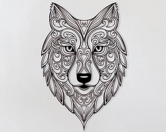 Arte de parede em metal com lobo: decoração boho para escritório, design animal