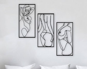 Art mural en métal femme nue, lot de 3, ligne de peinture femmes, décoration murale nue, design minimaliste, décoration de chambre à coucher, panneau « Get Naked », art femme nue