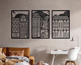 Metall Stadt Wand Kunst, 3er-Set Wandkunst, Stadt Skyline Dekor, Stadtlandschaft, Stadtbild Wandkunst, Metall Wand-Dekor-Set, Wohnzimmer Wandkunst