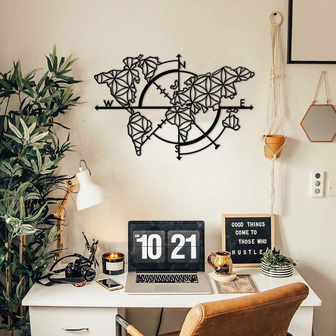 Metal World Map Wall Art: Compass Design, Modern Office Decor - Etsy Canada