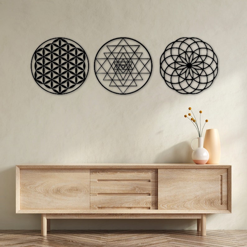 Sacred Geometry Metal Wall Art Set, Metal Wall Decor, Flower of Life, Torus, Sri Yantra, Home Decor, Set of 3 Wall Art, Mothers Day Gift image 3