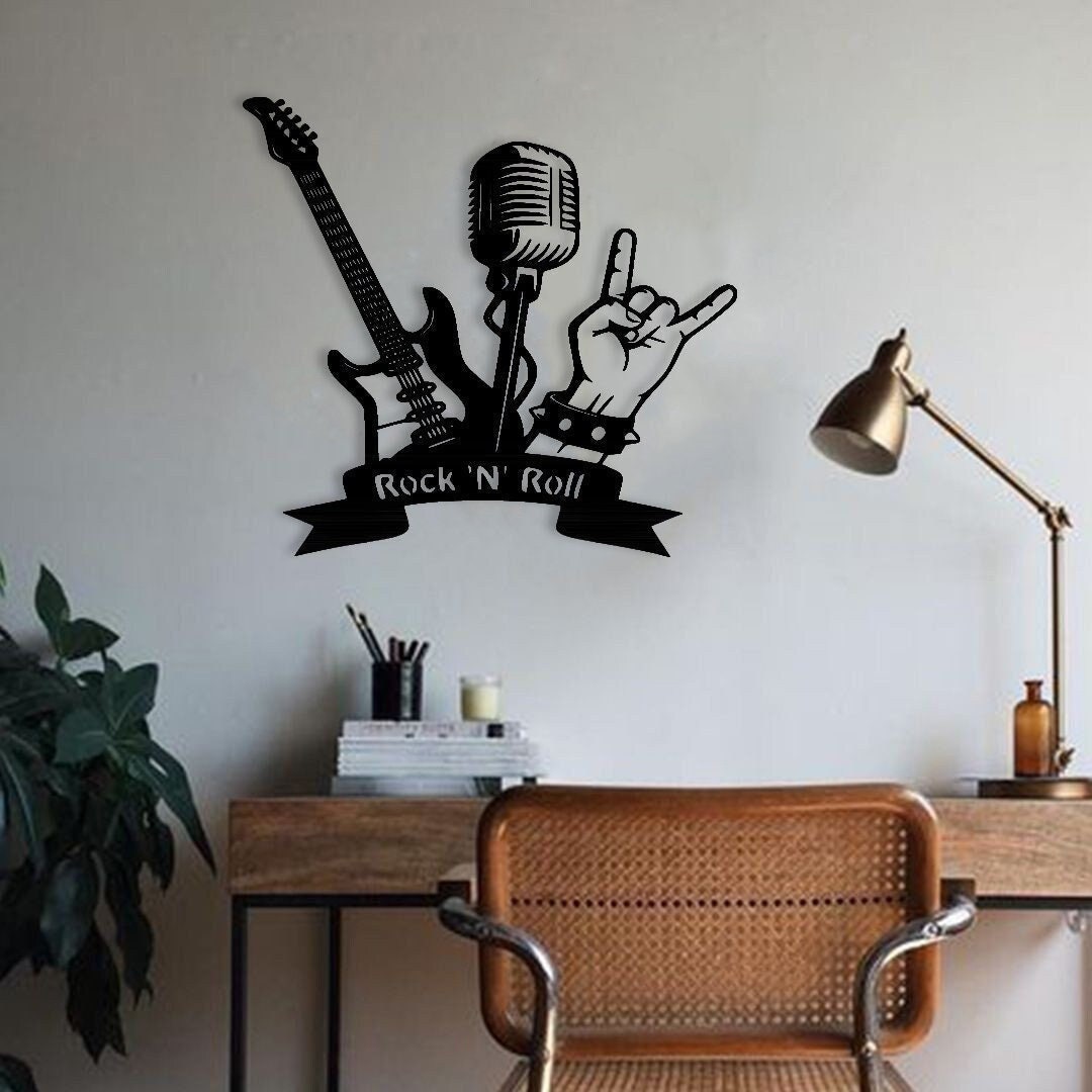 Rock N Roll Metal Wall Art: Guitar & Microphone Decor - Etsy