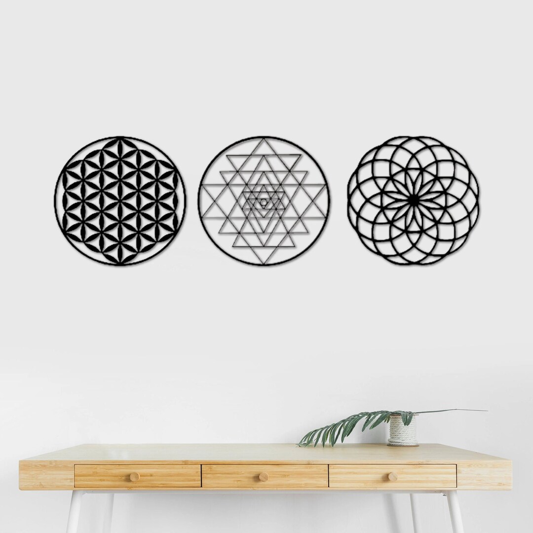 Sacred Geometry Metal Wall Art Set: Flower of Life, Torus, Sri Yantra ...