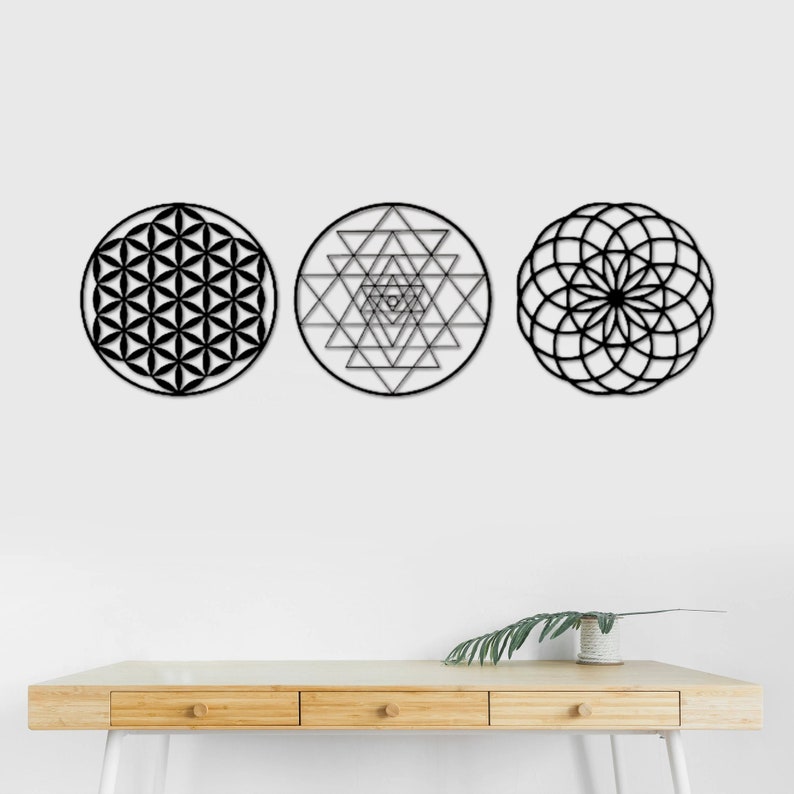 Sacred Geometry Metal Wall Art Set, Metal Wall Decor, Flower of Life, Torus, Sri Yantra, Home Decor, Set of 3 Wall Art, Mothers Day Gift image 2