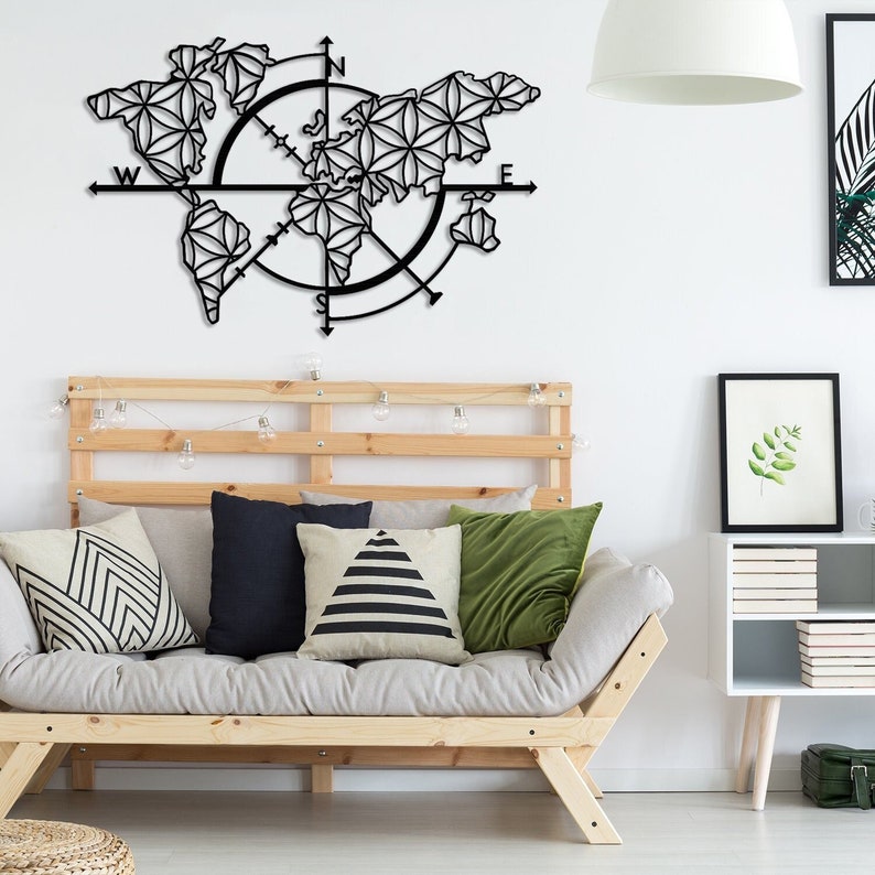 Map of Life Metal World Map Art Compass and Map Metal Wall Etsy