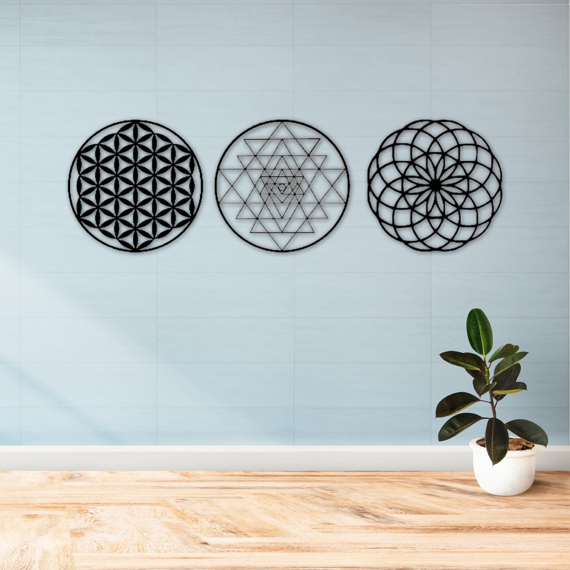 Sacred Geometry Metal Wall Art Set: Flower of Life, Torus, Sri Yantra ...