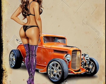 Free Parking in Rear Pinup Girl Hotrod Mancave Garage Metal Sign