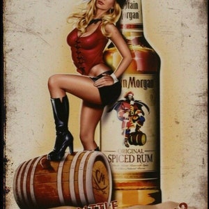 Metal Poster Sign Captain Lady Morgan Pirate on Keg Aged Look