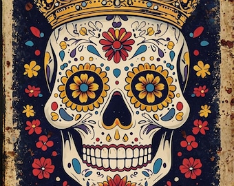 Letrero de cerveza de metal con calavera de caramelo Corona, aspecto vintage desgastado
