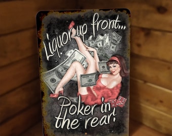 Vintage Style Pinup Girl Casino Style Art, Metal Sign, Liquor in the Front, Poker in Rear