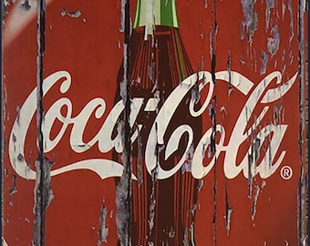 Vintage style Coca Cola bottle metal sign distressed antique wood look