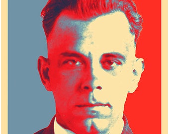 May include: A red, white, and blue poster with a portrait of John Dillinger. The poster has the text "DILLINGER" in white letters on a blue background.