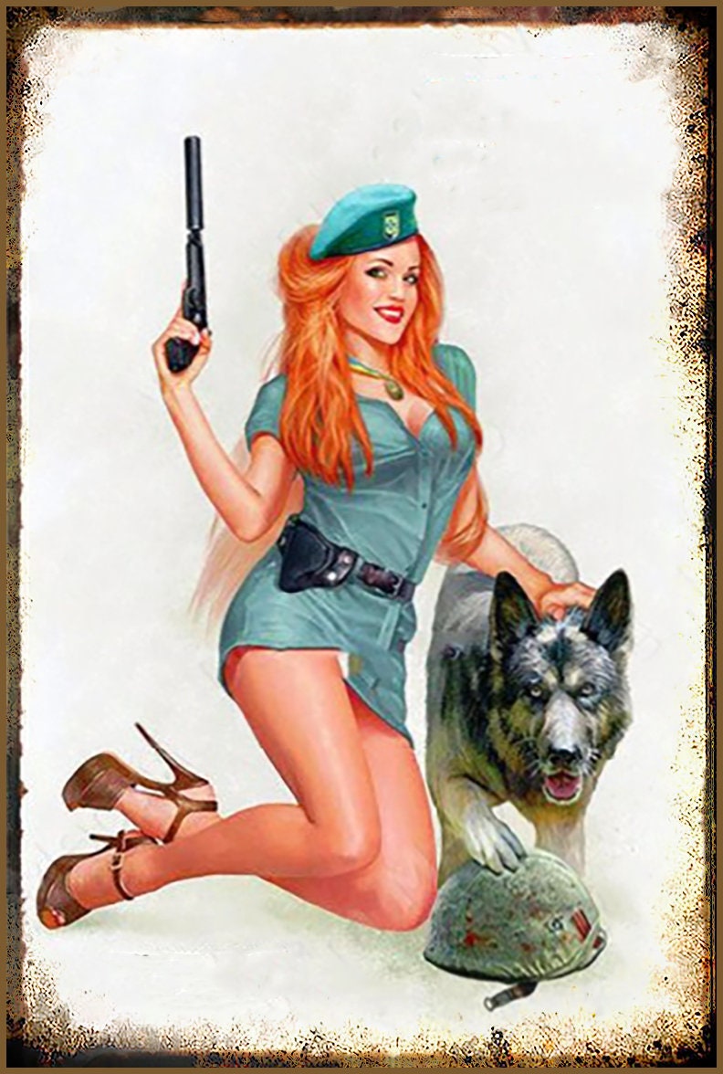 Russian Red, Pinup Girl with Wolf Metal Wall Art Rusted Look