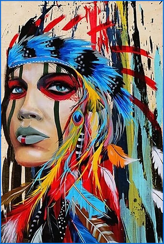 Native American Woman in Tribal Head Dress and Paint Pop Art Oil