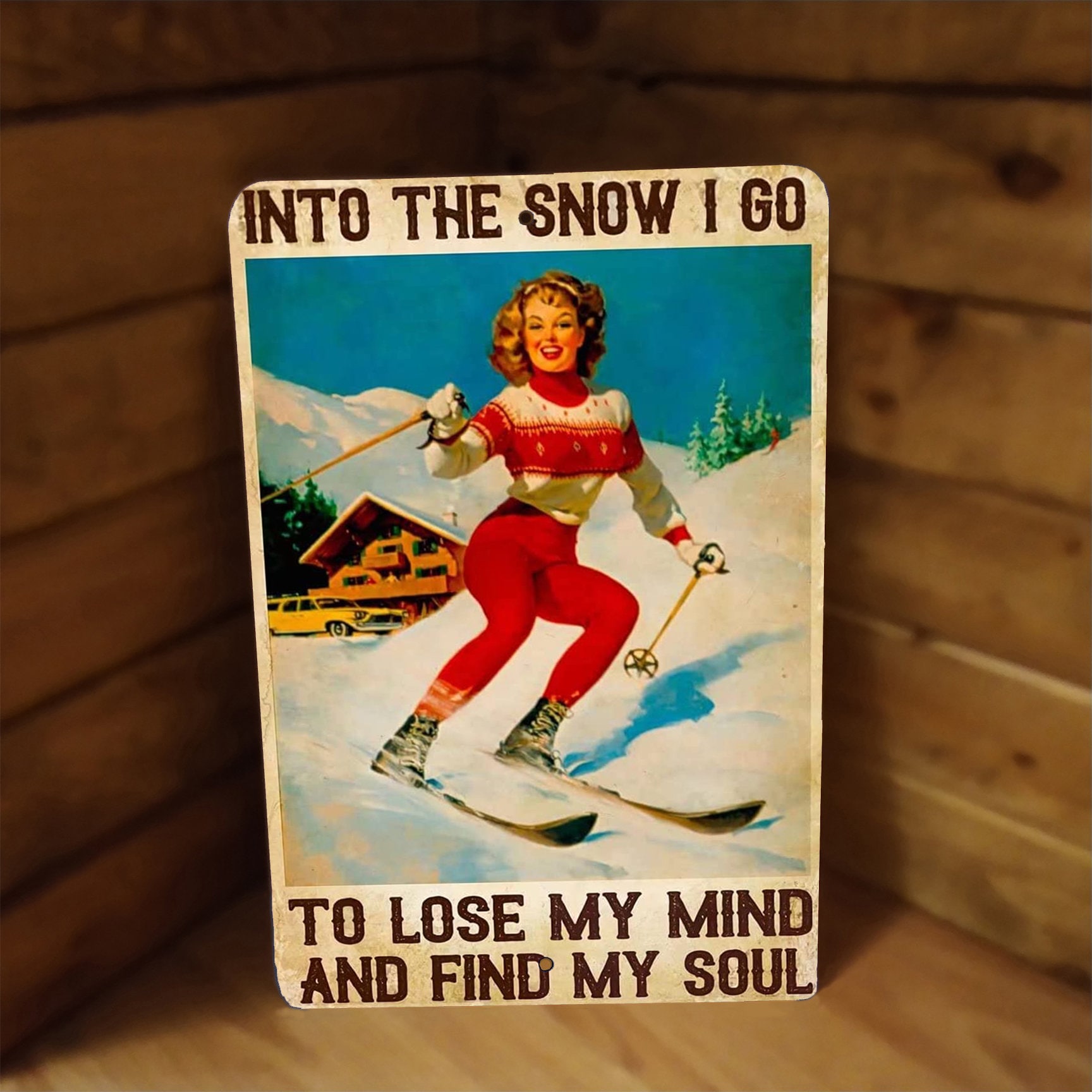 Retro Ski Lodge Metal Art Print, 1960s Snow Bunny Poster (12x8