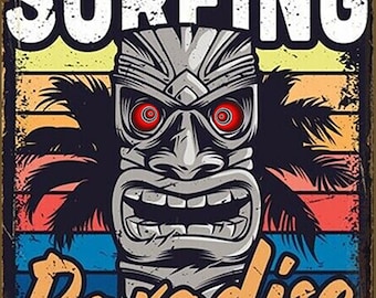 Póster de palmera tótem Tiki salvaje de Surfing Paradise, todo en aluminio