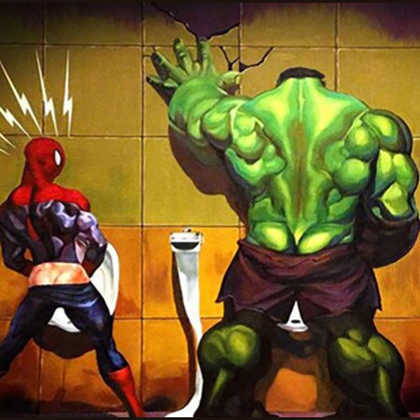 Spiderman vs. Hulk Funny Bathroom Pub Restroom Metal Art Sign